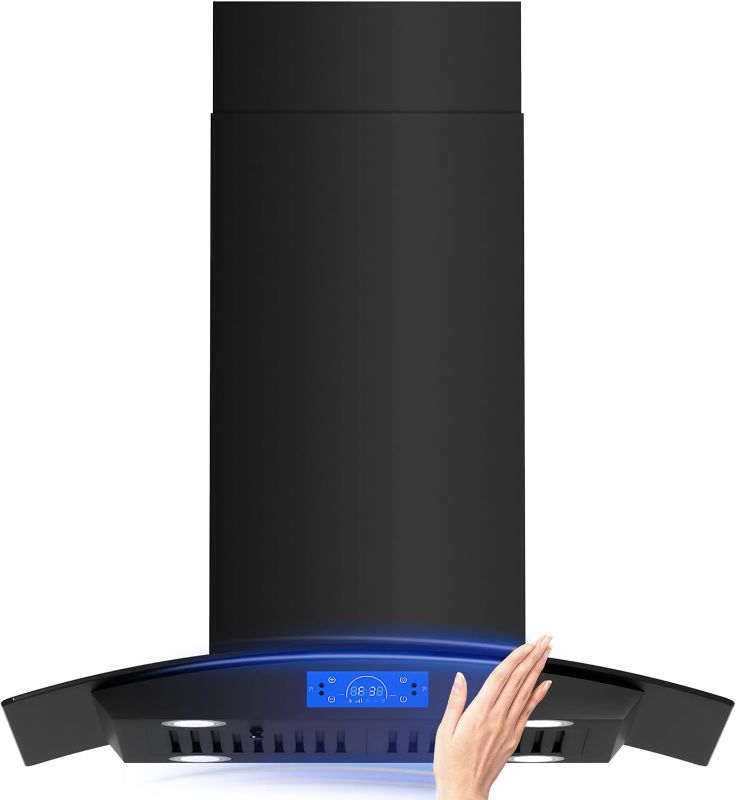Photo 1 of FIREGAS Black Island Range Hood, 700 CFM Ceiling Mount Range Hood with Touch & Gesture Control, 3 Speed Fan, LED Lights, Ducted/Ductless Convertible Kitchen Vent Hood