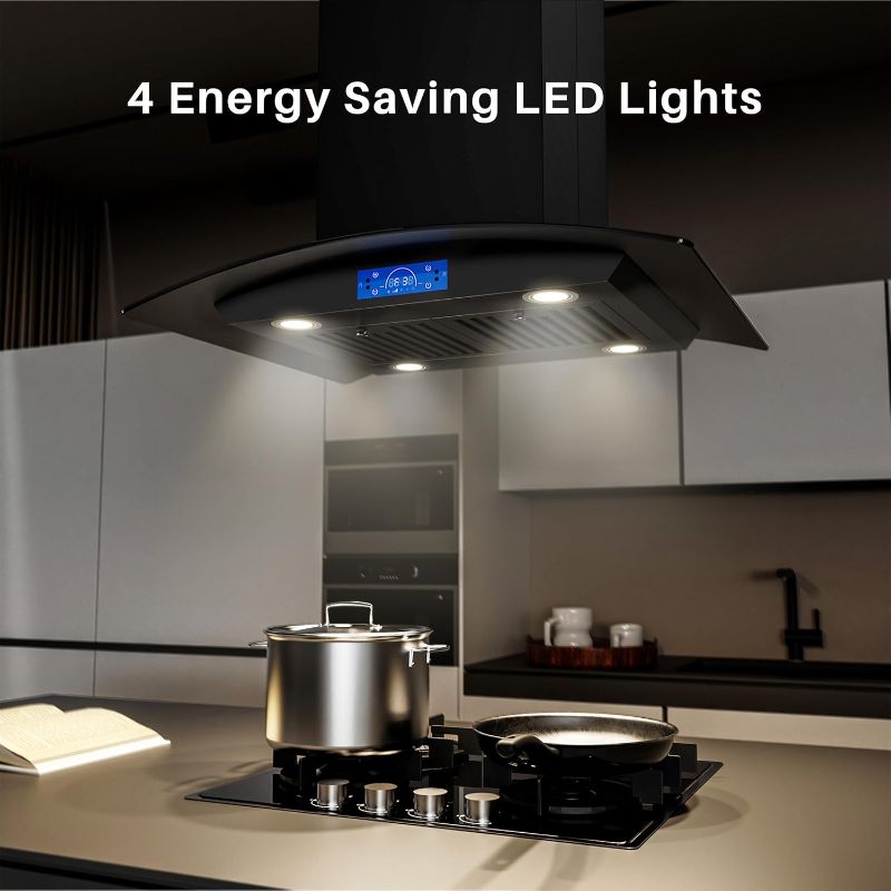 Photo 1 of FIREGAS Black Island Range Hood, 700 CFM Ceiling Mount Range Hood with Touch & Gesture Control, 3 Speed Fan, LED Lights, Ducted/Ductless Convertible Kitchen Vent Hood