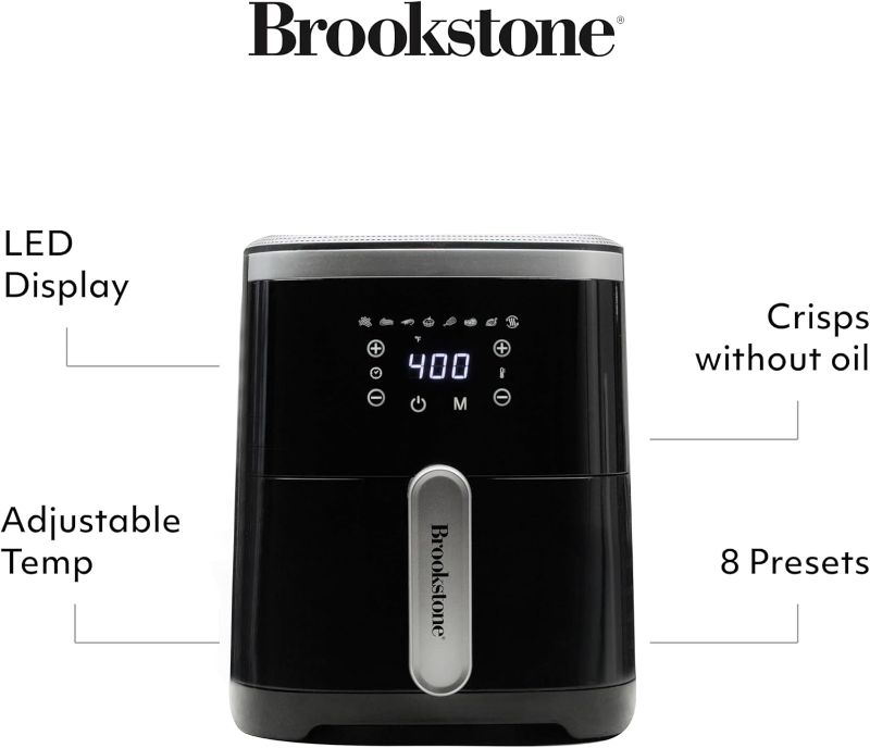 Photo 1 of Brookstone Air Fryer – 4.5 Qt, 1300W Large Capacity Fryer with LED Display, 8 Presets, Adjustable Temp, Oil-Free Kitchen Appliance for Baking, Roasting, Frying, Healthy Crispy Meals, Black