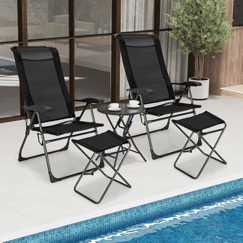 Photo 1 of Tangkula Folding Patio Chairs, Set of 2 Outdoor Dining Chairs & Ottomans, Lawn Chairs with 7-Level Adjustable Backrest, Armrests, Mesh Pocket, Portable Lounge Chairs & Footrests for Backyard, Camping
