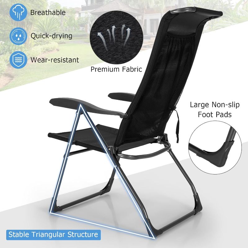 Photo 1 of Tangkula Folding Patio Chairs, Set of 2 Outdoor Dining Chairs & Ottomans, Lawn Chairs with 7-Level Adjustable Backrest, Armrests, Mesh Pocket, Portable Lounge Chairs & Footrests for Backyard, Camping