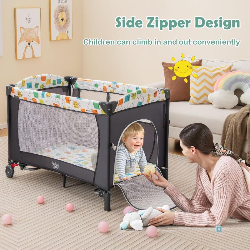 Photo 1 of BABY JOY 5-in-1 Pack and Play, Baby Bedside Sleeper with Bassinet, Multifunction Bedside Crib from Newborn to Toddlers, U-Shaped Diaper Changer, Playard, Safety Strap, Music Box & Hanging Toys