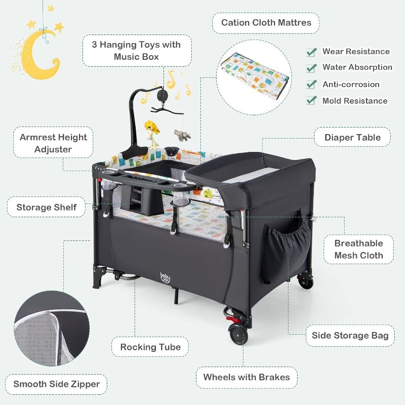 Photo 1 of BABY JOY 5-in-1 Pack and Play, Baby Bedside Sleeper with Bassinet, Multifunction Bedside Crib from Newborn to Toddlers, U-Shaped Diaper Changer, Playard, Safety Strap, Music Box & Hanging Toys