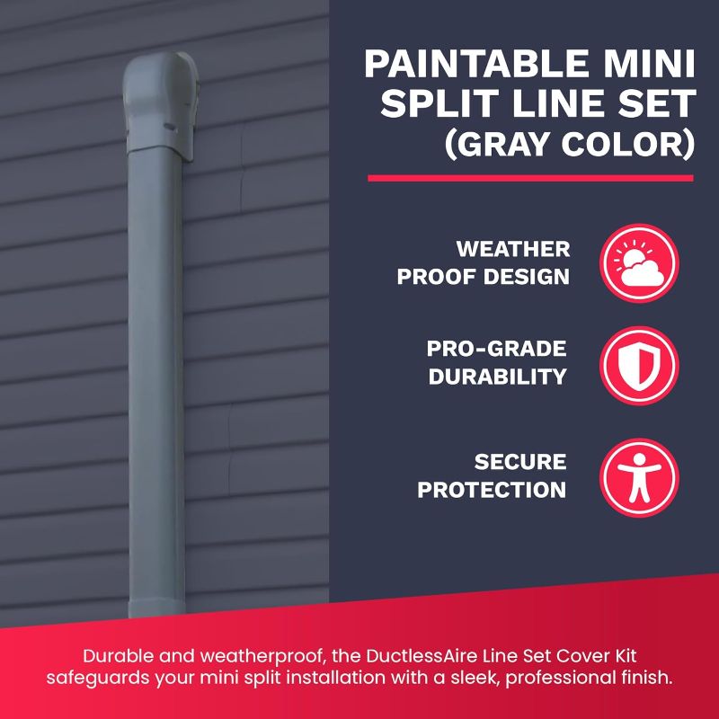Photo 1 of DuctlessAire Paintable Mini Split Line Set Cover Kit - Lineset Cover for Ductless Mini Split Air Conditioner Unit - Outdoor Cable Covers - Wall Cap, Hide-A-Line, Coupler & End Cap (Gray, 3" x 7.5 Ft)