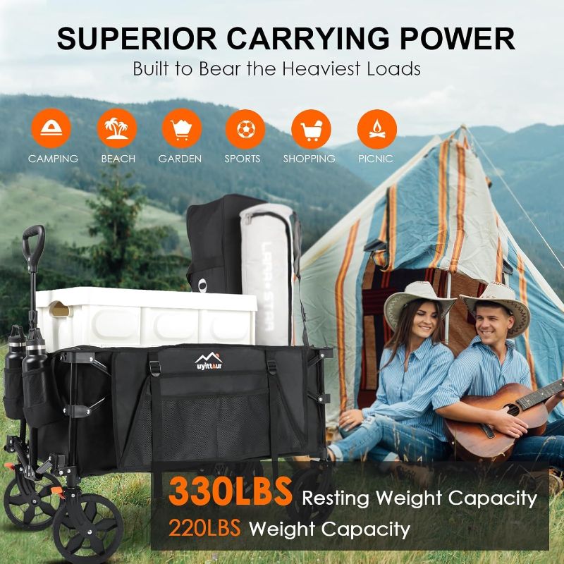 Photo 1 of 140L Collapsible Wagon Cart Foldable, Folding Utility Grocery Cart with Side Pocket and Brakes for Shopping, Sports, Camping and Garden, Black
