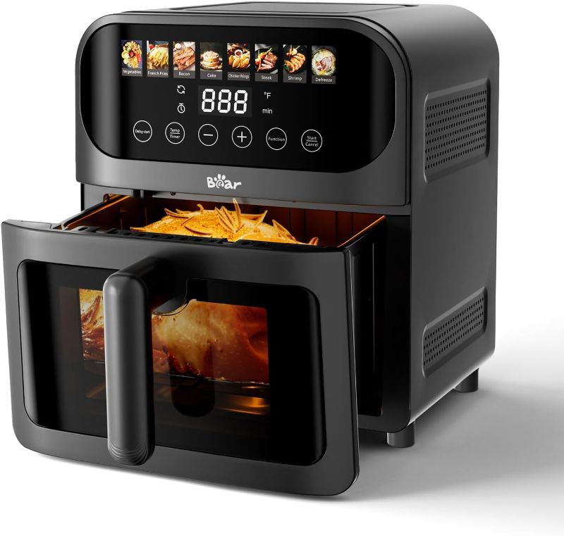 Photo 1 of Bear Air Fryer, Stainless Steel Airfryer 8 Presets for Fast Family Meals, 6.4Qt Large Visible Window Temp Timer Adjustable Roast Bake Crisp French Fries Steak, Non Stick Basket Dishwasher Safe