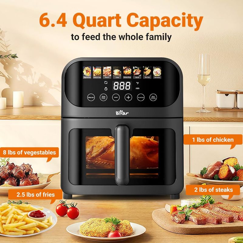 Photo 1 of Bear Air Fryer, Stainless Steel Airfryer 8 Presets for Fast Family Meals, 6.4Qt Large Visible Window Temp Timer Adjustable Roast Bake Crisp French Fries Steak, Non Stick Basket Dishwasher Safe