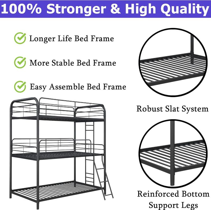Photo 1 of Heavy Duty Metal Triple Bunk Beds for Adults and Kids and Teens, Modern Style Bunk Bed Tripple Twin Over Twin Over Twin Size with Safe Guardrail, 3 Bunk Bed Easy to Assemble (Black)