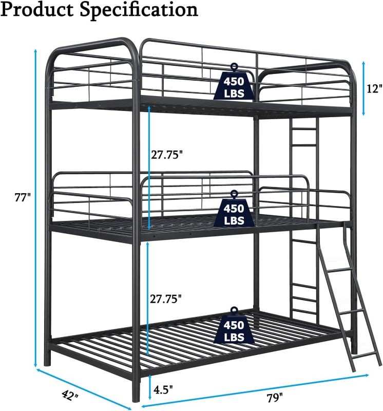 Photo 1 of Heavy Duty Metal Triple Bunk Beds for Adults and Kids and Teens, Modern Style Bunk Bed Tripple Twin Over Twin Over Twin Size with Safe Guardrail, 3 Bunk Bed Easy to Assemble (Black)