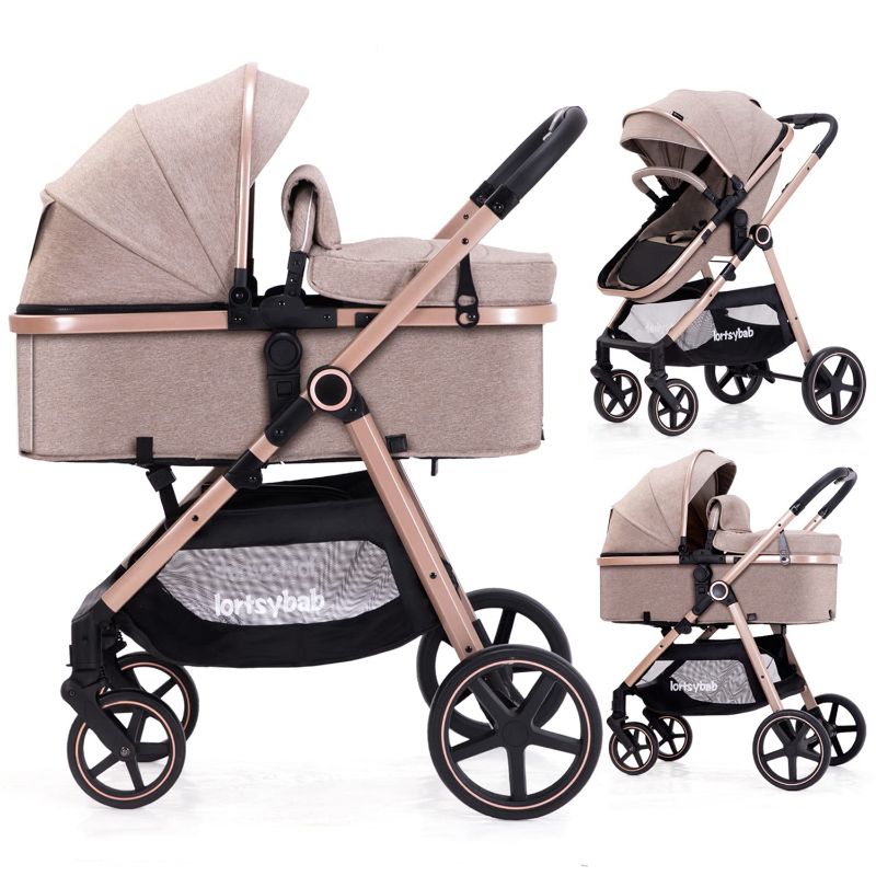 Photo 1 of 2-in-1 Baby Stroller with Bassinet Mode - Folding Infant Newborn Pram Stroller with Reversible Seat - Toddler Strollers for 0-36 Months Old Babies (Beige)