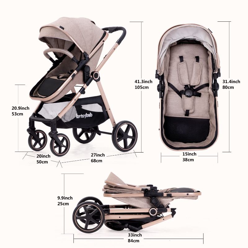 Photo 1 of 2-in-1 Baby Stroller with Bassinet Mode - Folding Infant Newborn Pram Stroller with Reversible Seat - Toddler Strollers for 0-36 Months Old Babies (Beige)
