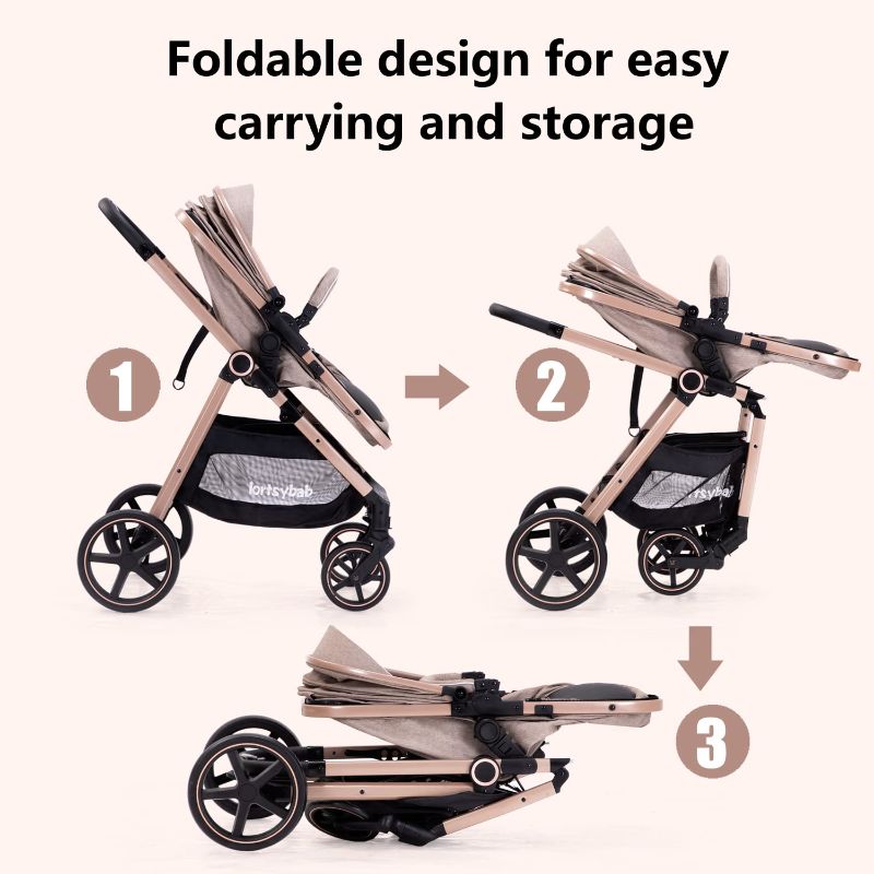 Photo 1 of 2-in-1 Baby Stroller with Bassinet Mode - Folding Infant Newborn Pram Stroller with Reversible Seat - Toddler Strollers for 0-36 Months Old Babies (Beige)