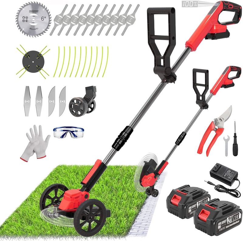 Photo 1 of Cordless Wacker Eater Battery Powered, 21V Lightweight Electric Weed Trimmer with 2 Battery Operated & Charger& Wheels & Shears, No-String Grass Trimmer/Brush Cutter/Lawn Edger for Yard Garden