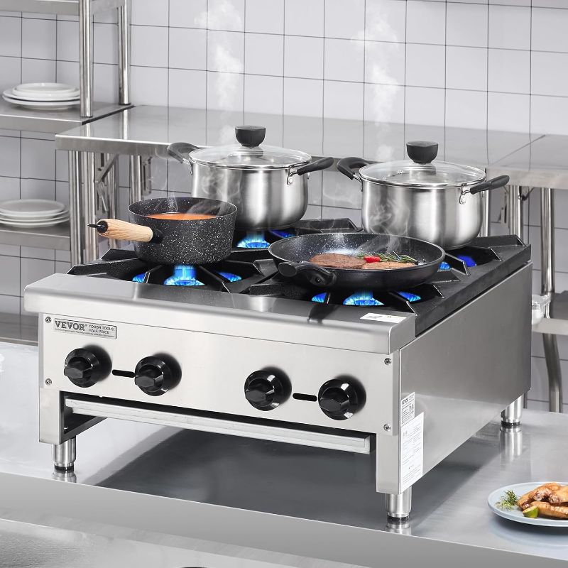 Photo 1 of VEVOR Commercial Gas Stove with 4 Burners, Propane and Natural Gas Countertop Cooking Stove Range, Stainless Steel Gas Hot Plate, Commercial Cooking Equipment for Restaurant, 112,000 BTU