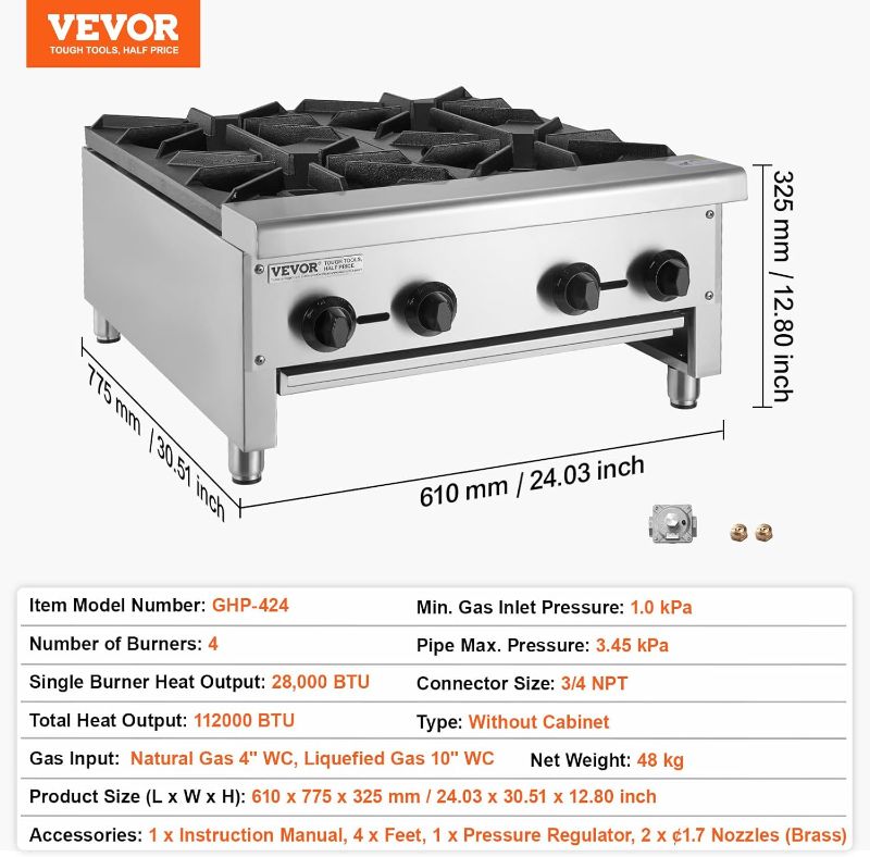 Photo 1 of VEVOR Commercial Gas Stove with 4 Burners, Propane and Natural Gas Countertop Cooking Stove Range, Stainless Steel Gas Hot Plate, Commercial Cooking Equipment for Restaurant, 112,000 BTU