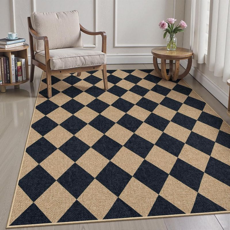 Photo 1 of Lanffia Checkered Easy Jute 5x7 Outdoor Rug, Black Washable Rugs 5x7 for Living Room Neutral Indoor Outdoor Carpet, Non Slip Stain Resistant Checkerboard Rug for Backyard Dining Room Classroom