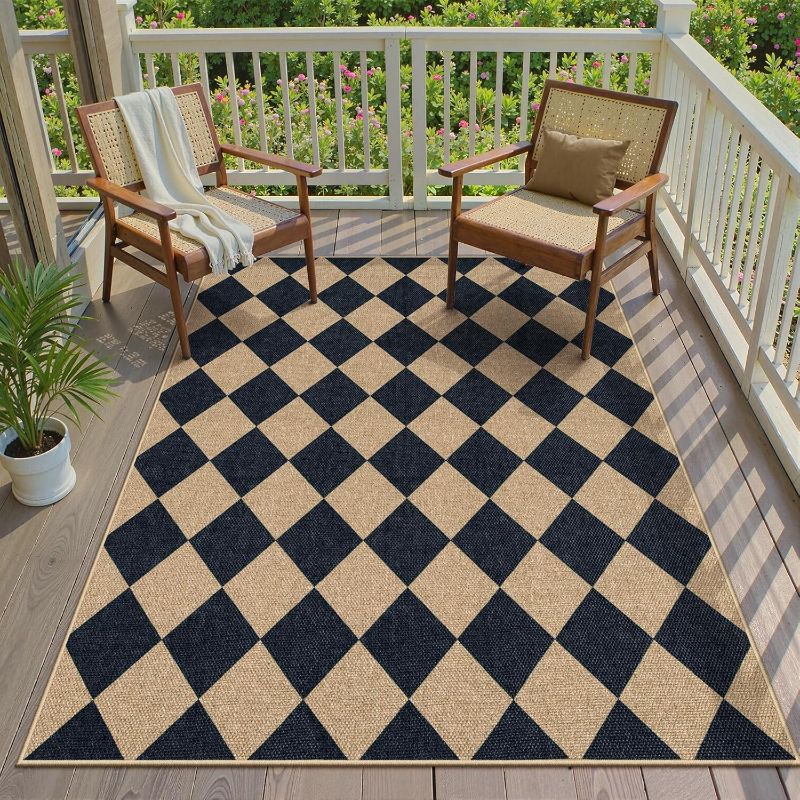 Photo 1 of Lanffia Checkered Easy Jute 5x7 Outdoor Rug, Black Washable Rugs 5x7 for Living Room Neutral Indoor Outdoor Carpet, Non Slip Stain Resistant Checkerboard Rug for Backyard Dining Room Classroom
