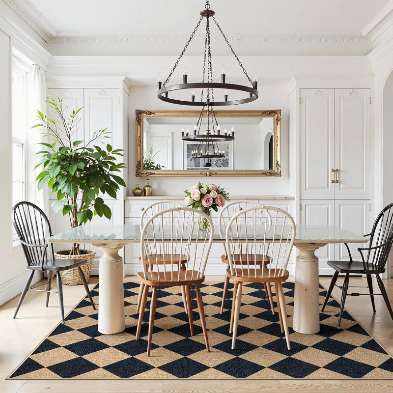 Photo 1 of Lanffia Checkered Easy Jute 5x7 Outdoor Rug, Black Washable Rugs 5x7 for Living Room Neutral Indoor Outdoor Carpet, Non Slip Stain Resistant Checkerboard Rug for Backyard Dining Room Classroom