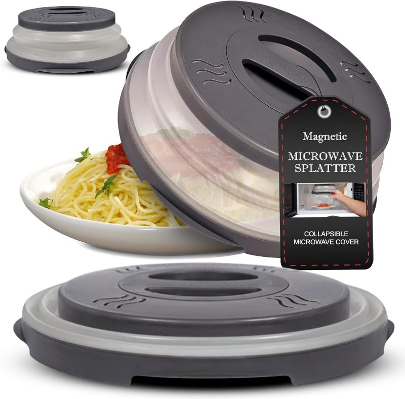 Photo 1 of 2.0 Magnetic Microwave Splatter Cover, Collapsible 12-Inch BPA-Free Food Lid with Upgraded Magnets, Vented Plate Guard, Dishwasher Safe, Space-Saving Magnetic Storage - Gray