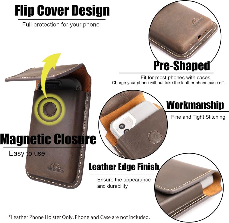 Photo 1 of Topstache Leather Phone Holster with Belt Clip, Flip Cell Phone Pouch for iPhone 14/13 Pro, S23, S22,Note 10 Belt Clip Phone Case, Universal Smartphone