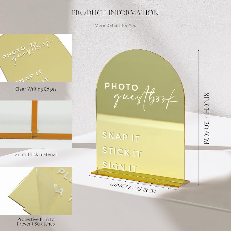 Photo 1 of HOODO Gold Mirror Acrylic Photo Guest Book Sign for Reception, 6x8 Inch Gold Mirror Acrylic Arch Table Sign for Wedding, Party, Event