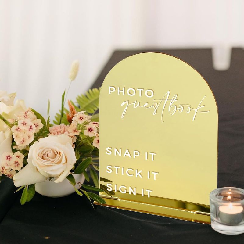 Photo 1 of HOODO Gold Mirror Acrylic Photo Guest Book Sign for Reception, 6x8 Inch Gold Mirror Acrylic Arch Table Sign for Wedding, Party, Event