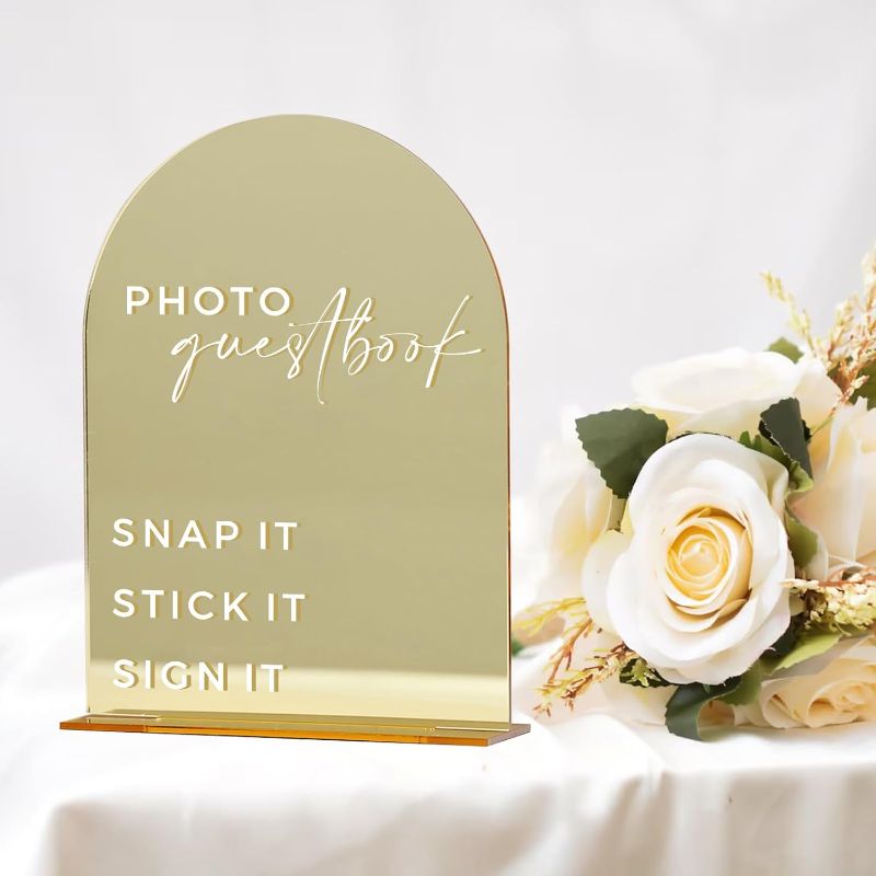 Photo 1 of HOODO Gold Mirror Acrylic Photo Guest Book Sign for Reception, 6x8 Inch Gold Mirror Acrylic Arch Table Sign for Wedding, Party, Event