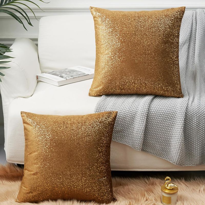 Photo 1 of EUCIOR 2 Pack Brown Velvet Throw Pillows with Gold Foil Print, 16x16 Inch, Modern Luxury, Metallic Glitter Pattern, Perfect for Home Decor, Living Room, Bedroom, Couch, Sofa