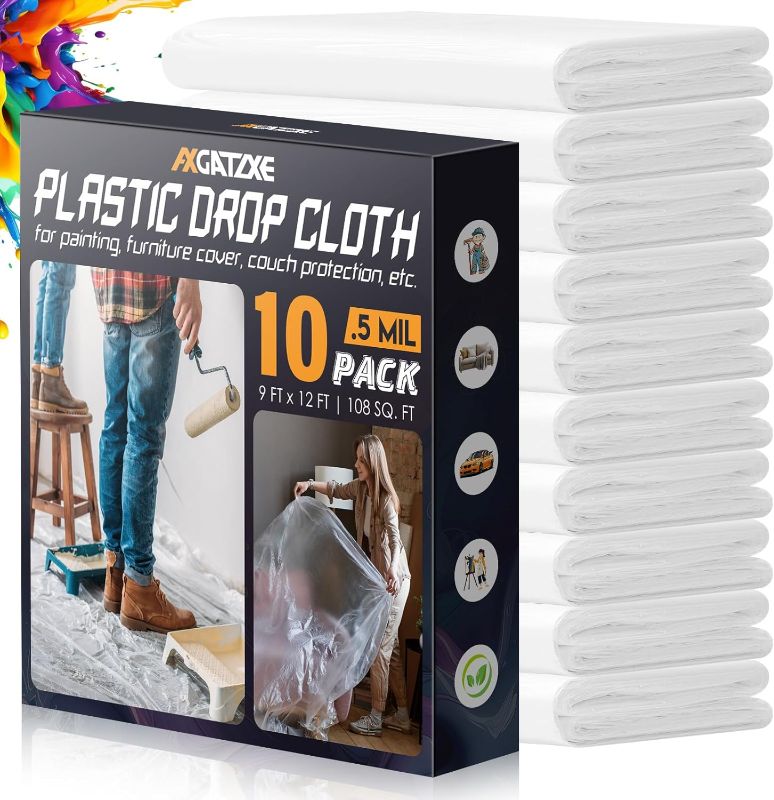 Photo 1 of 12 x 9 Ft Plastic Drop Cloths (10-Pack) - Disposable Painter's Sheeting & Tarps for Painting, Waterproof Furniture/Couch/Floor Protection
