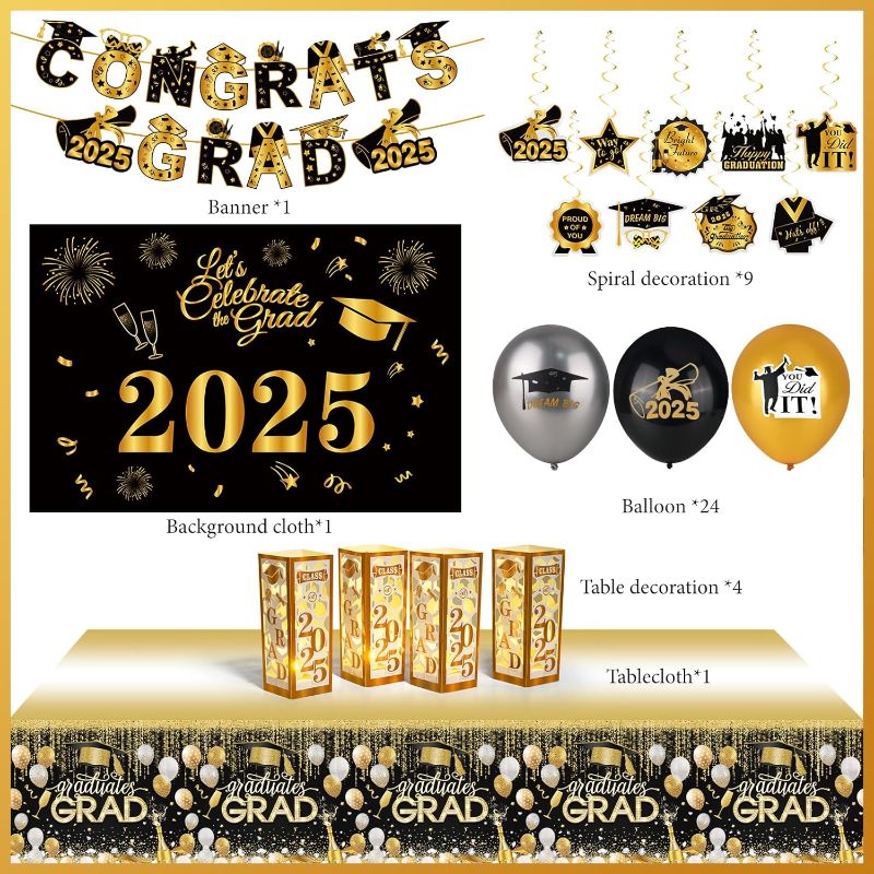Photo 1 of Graduation Decorations Party Supplies, Grad Party Supplies Class of 2025 Congrats Grad Party Decorations Graduation Party Decoration with Grad Balloons Hanging Swirls Backdrop Tablecloth, Gold