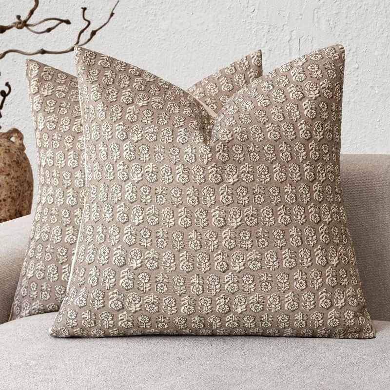 Photo 1 of Foindtower Set of 2 Decorative Vintage Floral Print Throw Pillow Covers Neutral Modern Farmhouse Cushion Covers Boho Home Decor for Sofa Chair Couch Bedroom Living Room Outdoor,18×18 Inch,Tan Taupe