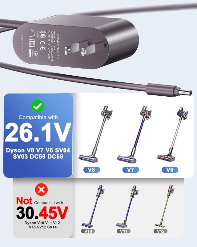 Photo 1 of 26.1V Replacement for Dyson Charger 205720-02 for Dyson V6 V7 V8 Car + Boat DC58 DC59 DC61 DC62 SV03 SV04 SV05 SV06 Cordless Vacuum 21.6V Battery Charger Cord 5.9FT
