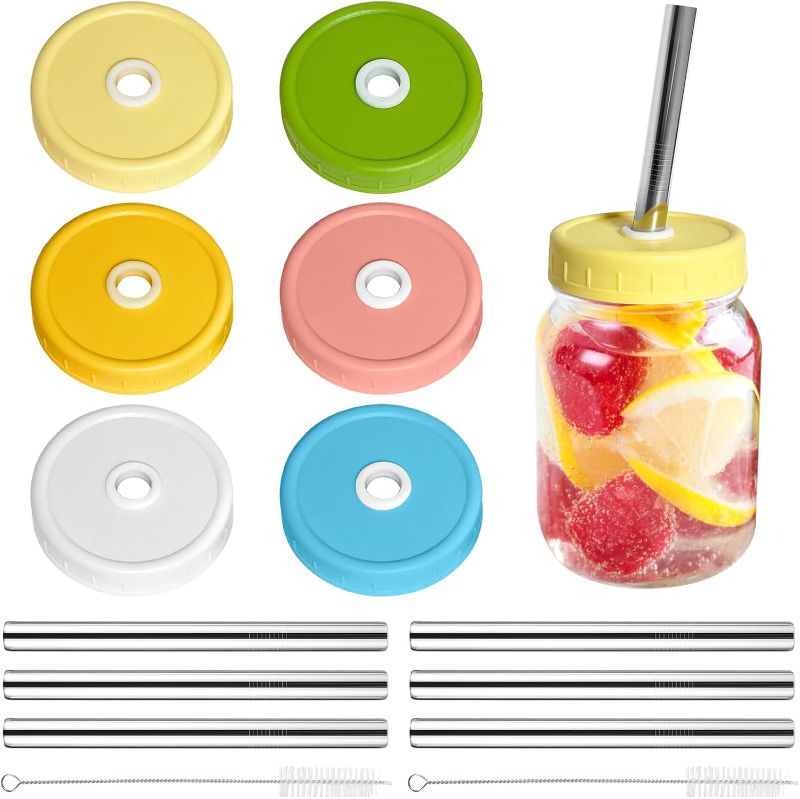 Photo 1 of 6 Plastic Pack Mason Jar Lids, Colorful Wide Mouth Mason Jar Drinking Lids Compatible for Mason Jar, Canning Ball Jars, with Straws and Cleaning Brush (JAR NOT INCLUDED)