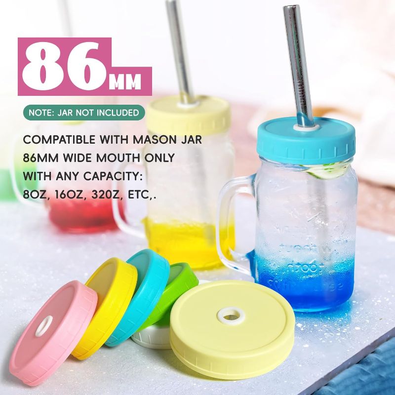 Photo 1 of 6 Plastic Pack Mason Jar Lids, Colorful Wide Mouth Mason Jar Drinking Lids Compatible for Mason Jar, Canning Ball Jars, with Straws and Cleaning Brush (JAR NOT INCLUDED)