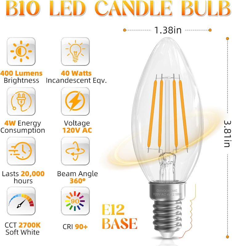 Photo 1 of E12 Candelabra Bulb 40 watt Equivalent, E12 LED Bulb Non-Dimmable Chandelier Light Bulbs, B10 Candle Light Bulbs 2700K Soft White, 90+CRI, 400LM, Cear Glass, 12 Pack(2x)