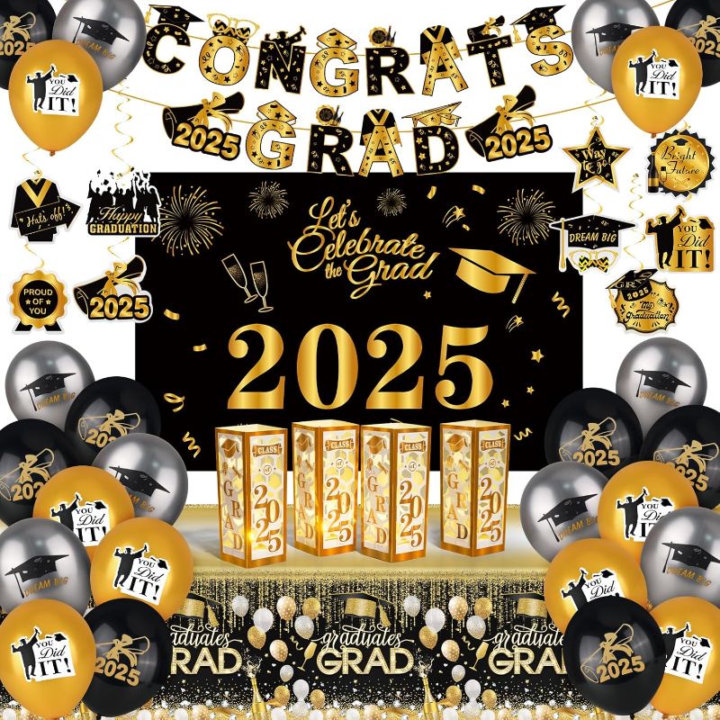 Photo 1 of Graduation Decorations Party Supplies, Grad Party Supplies Class of 2025 Congrats Grad Party Decorations Graduation Party Decoration with Grad Balloons Hanging Swirls Backdrop Tablecloth, Gold