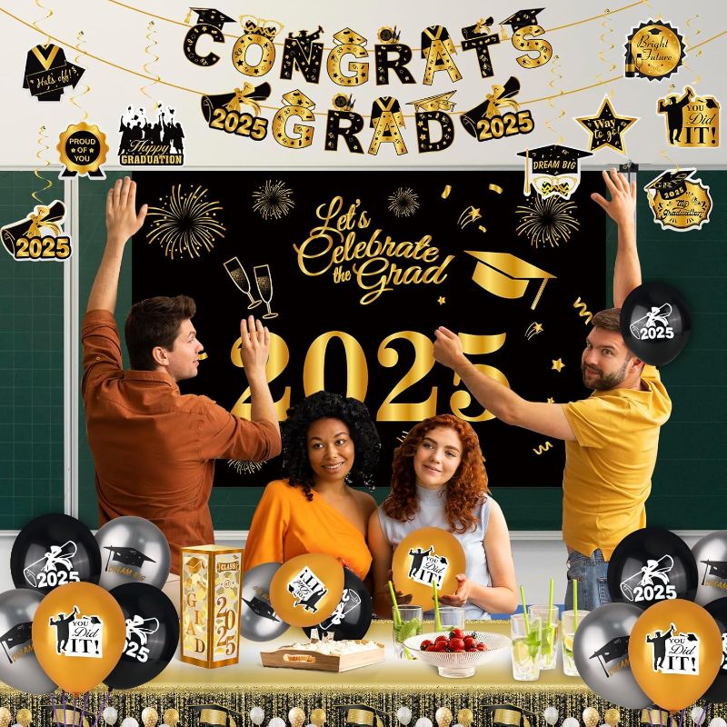 Photo 1 of Graduation Decorations Party Supplies, Grad Party Supplies Class of 2025 Congrats Grad Party Decorations Graduation Party Decoration with Grad Balloons Hanging Swirls Backdrop Tablecloth, Gold