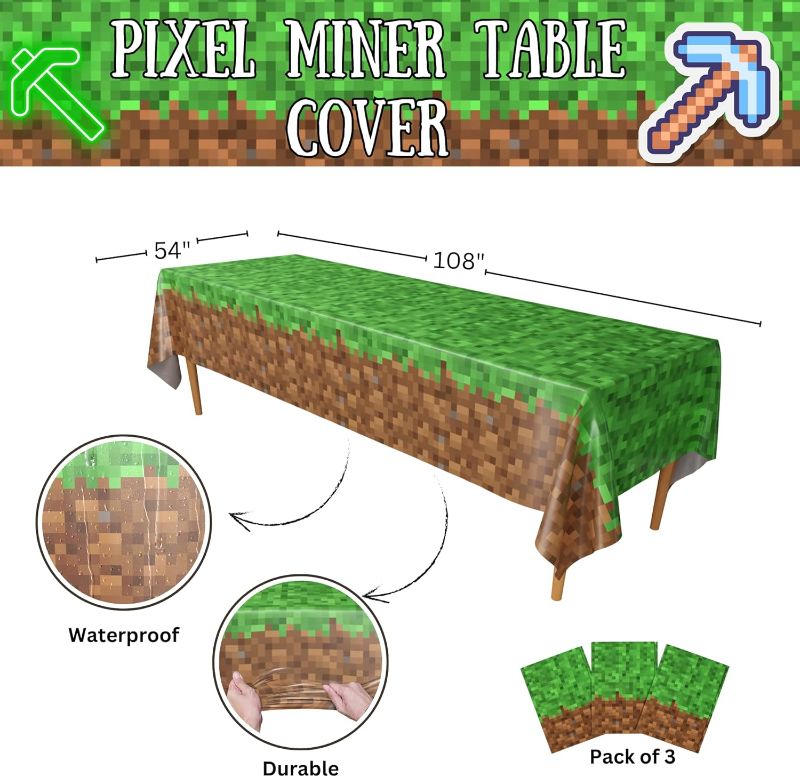 Photo 1 of Blue Orchards Pixel Miner Table Cover (Pack of 3) - 54"x108" XL - Gamer Party Supplies, Mining Craft Party Decorations