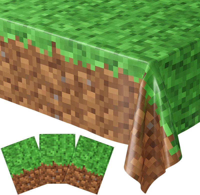 Photo 1 of Blue Orchards Pixel Miner Table Cover (Pack of 3) - 54"x108" XL - Gamer Party Supplies, Mining Craft Party Decorations