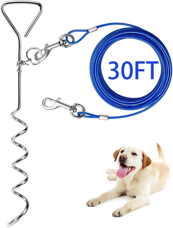 Photo 1 of Dog Tie Out Cable and Anti Rust Spiral Stake, 30ft Outside Leash&Chain for Camping and Yard, 16'' Heavy Duty for Medium-Large Dogs Up to 125 lbs (30FT, Blue)