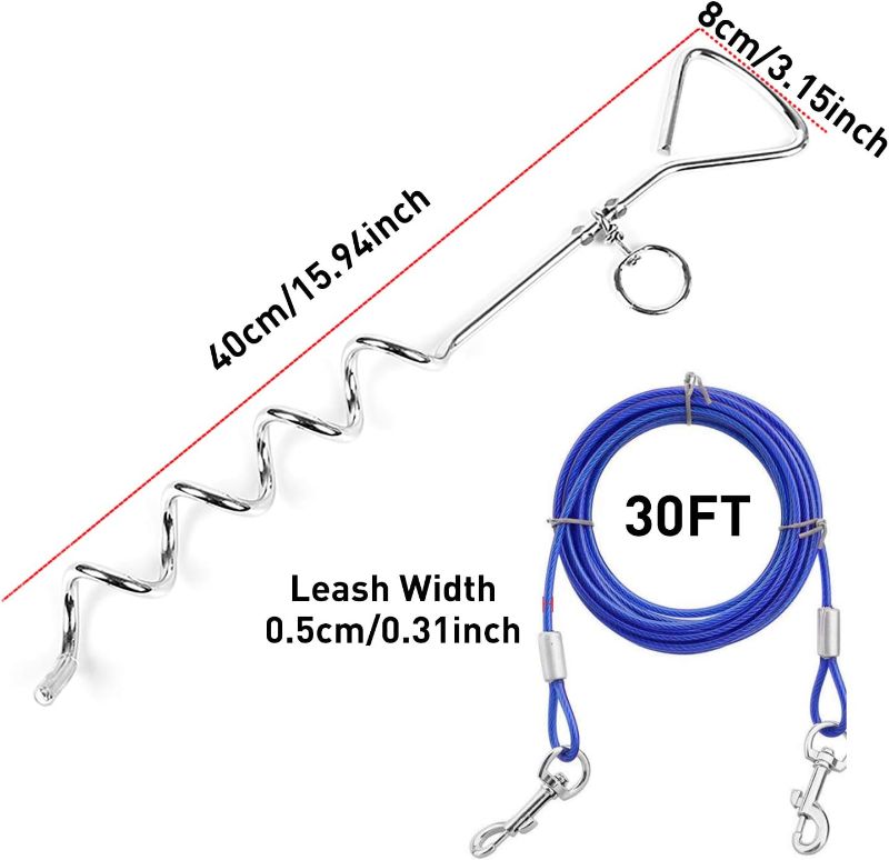 Photo 1 of Dog Tie Out Cable and Anti Rust Spiral Stake, 30ft Outside Leash&Chain for Camping and Yard, 16'' Heavy Duty for Medium-Large Dogs Up to 125 lbs (30FT, Blue)