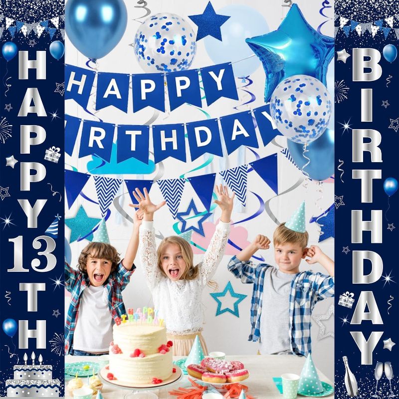 Photo 1 of 13th Birthday Door Banner Decorations for Boys Blue Silver Happy 13 Birthday Party Porch Sign Supplies Backdrop Decor Props for Outdoor Indoor