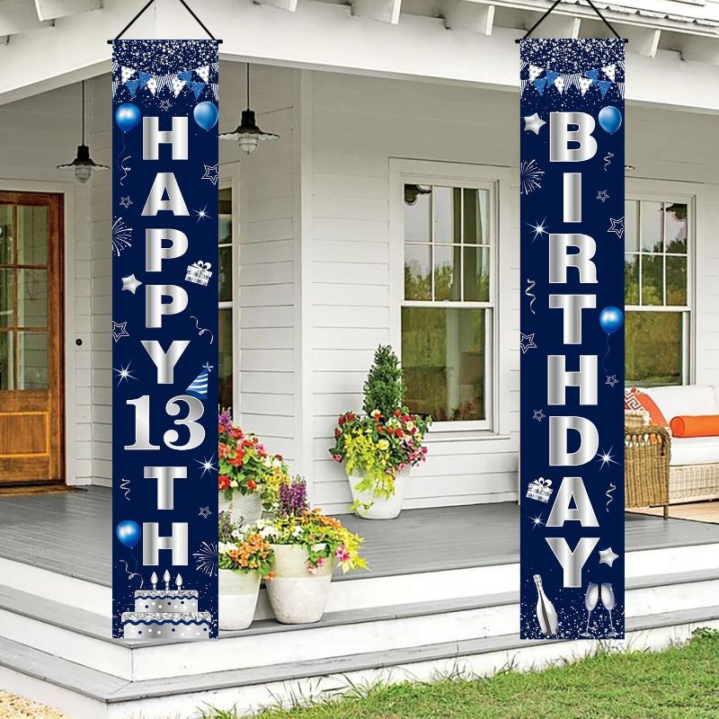 Photo 1 of 13th Birthday Door Banner Decorations for Boys Blue Silver Happy 13 Birthday Party Porch Sign Supplies Backdrop Decor Props for Outdoor Indoor