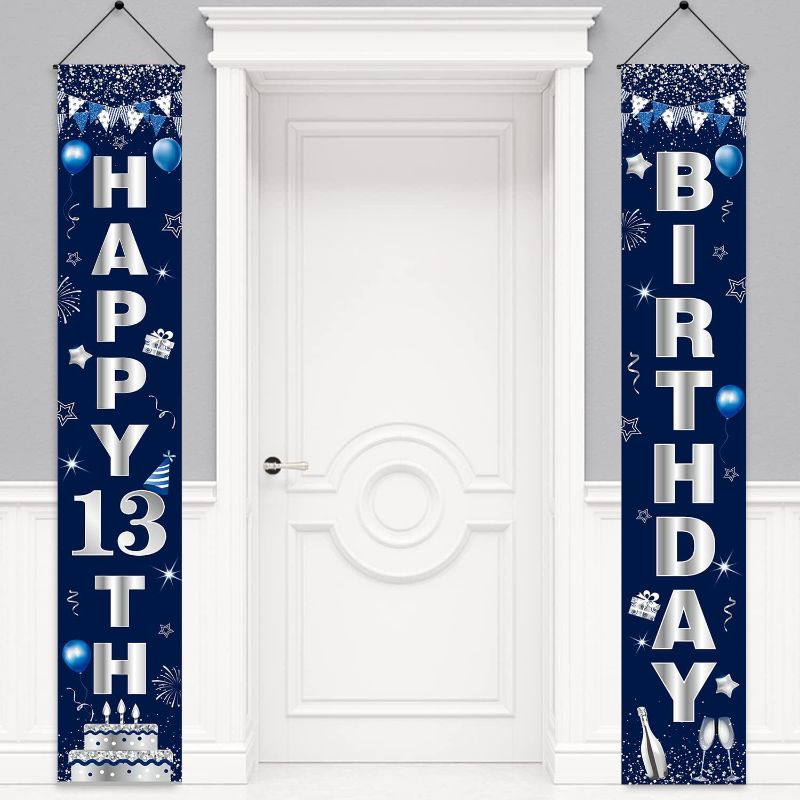 Photo 1 of 13th Birthday Door Banner Decorations for Boys Blue Silver Happy 13 Birthday Party Porch Sign Supplies Backdrop Decor Props for Outdoor Indoor
