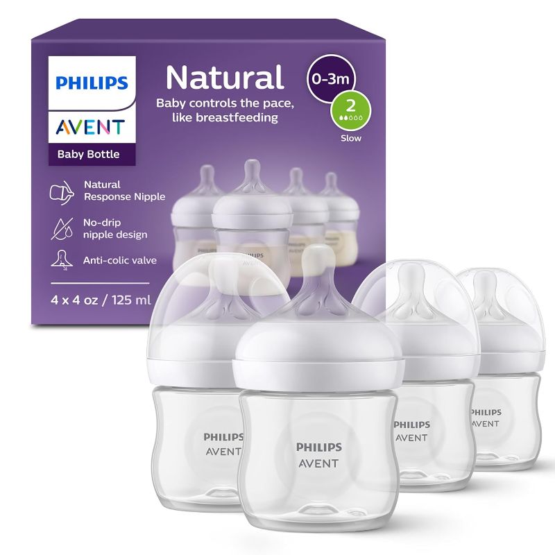 Photo 1 of Philips Avent Natural Baby Bottles with Natural Response Nipples (Slow Flow, Flow 2), 4oz, 4-Pack,