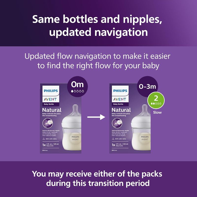 Photo 1 of Philips Avent Natural Baby Bottles with Natural Response Nipples (Slow Flow, Flow 2), 4oz, 4-Pack,