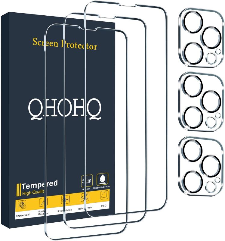 Photo 1 of QHOHQ 3 Pack Screen Protector for iPhone 13 Pro 6.1 Inch with 3 Pack Tempered Glass Camera Lens Protector, Ultra HD, 9H Hardness, Scratch Resistant - Case Friendly [Not fit iPhone 13 Pro Max 6.7"]