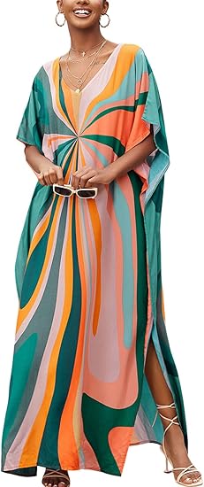 Photo 1 of One Size - Moroccan Print V-Neck Batwing Kaftan Women's Plus Size Loose Fit Beach Dress Bathing Suit Cover Up Loungewear one size