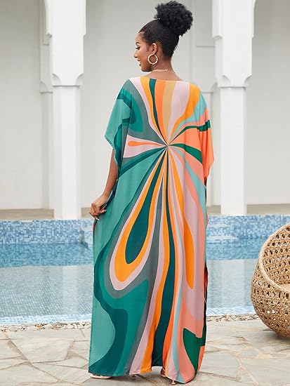 Photo 1 of One Size - Moroccan Print V-Neck Batwing Kaftan Women's Plus Size Loose Fit Beach Dress Bathing Suit Cover Up Loungewear one size