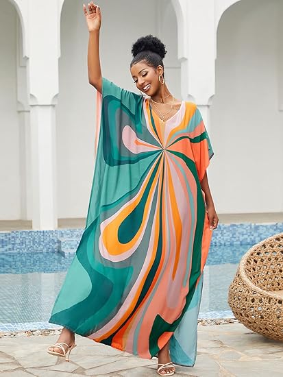 Photo 1 of One Size - Moroccan Print V-Neck Batwing Kaftan Women's Plus Size Loose Fit Beach Dress Bathing Suit Cover Up Loungewear one size